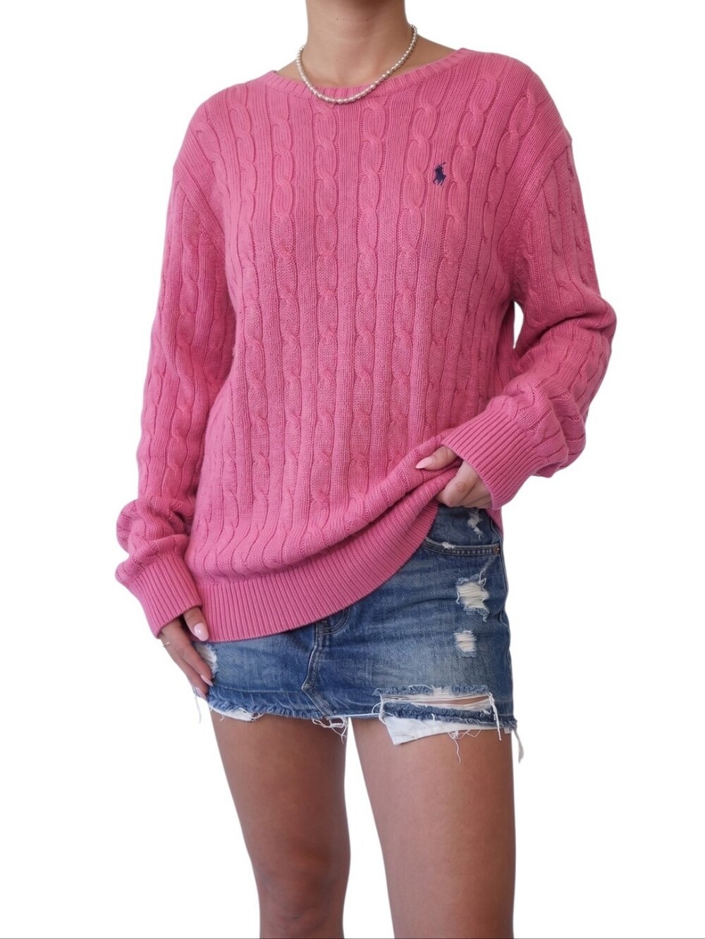 Polo Ralph Lauren 100% Cotton Cable Knit Crew Neck Sweater Dusty Rose Pink L
